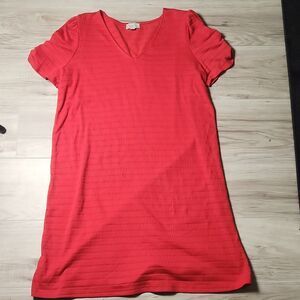 LOFT Outlet Red Knit Shift Dress L Ruched Sleeve V Neck Knee Casual Women